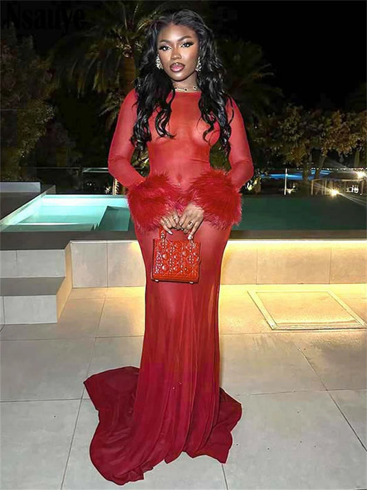 Nsauye Women Dress Red Elegant Feathers Patchwork Mesh Fashion Long Sleeve Pullover Summer Sexy Night Club Party Dresses 2025