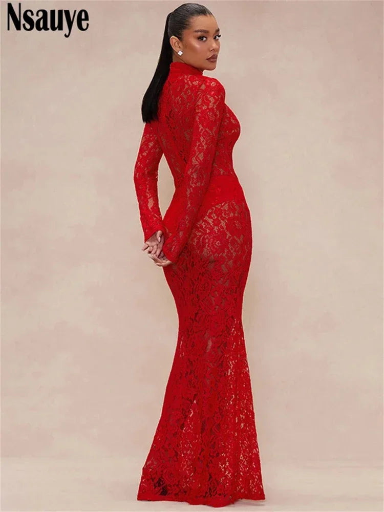 Nsauye Female Chic Fashion Women Elegant Sexy Hollow Out See Through Maxi Dress Long Sleeve Evening Party Club Dress 2024 Outfit