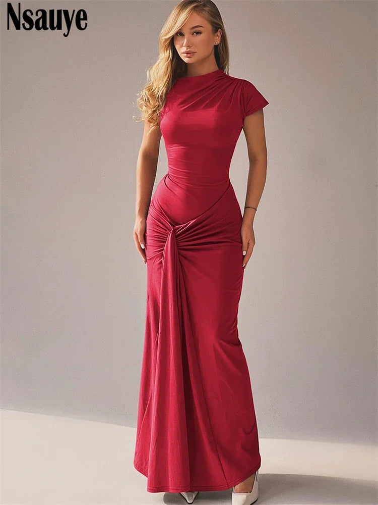 Nsauye Pullover Short Sleeve Women Long Low Waisted Fashion Casual Dress Lace Up Summer 2024 Sexy Party Club Holiday Dress Maxi