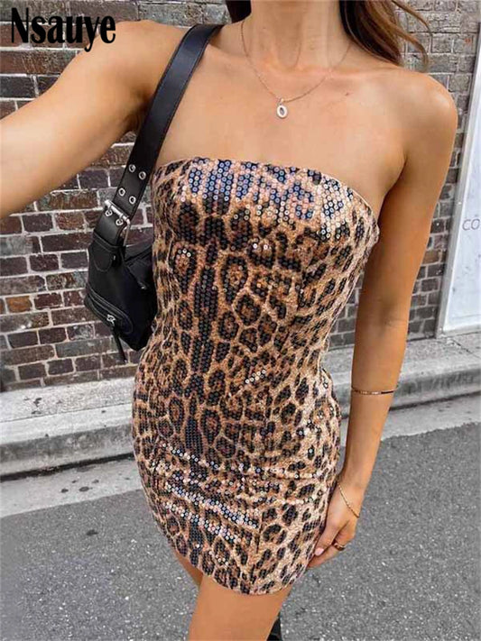 Nsauye 2025 Spring Summer New Women Sleeveless Strapless Sequins Mini Bodycon Dresses Night Club Sexy Leopard Print Party Dress