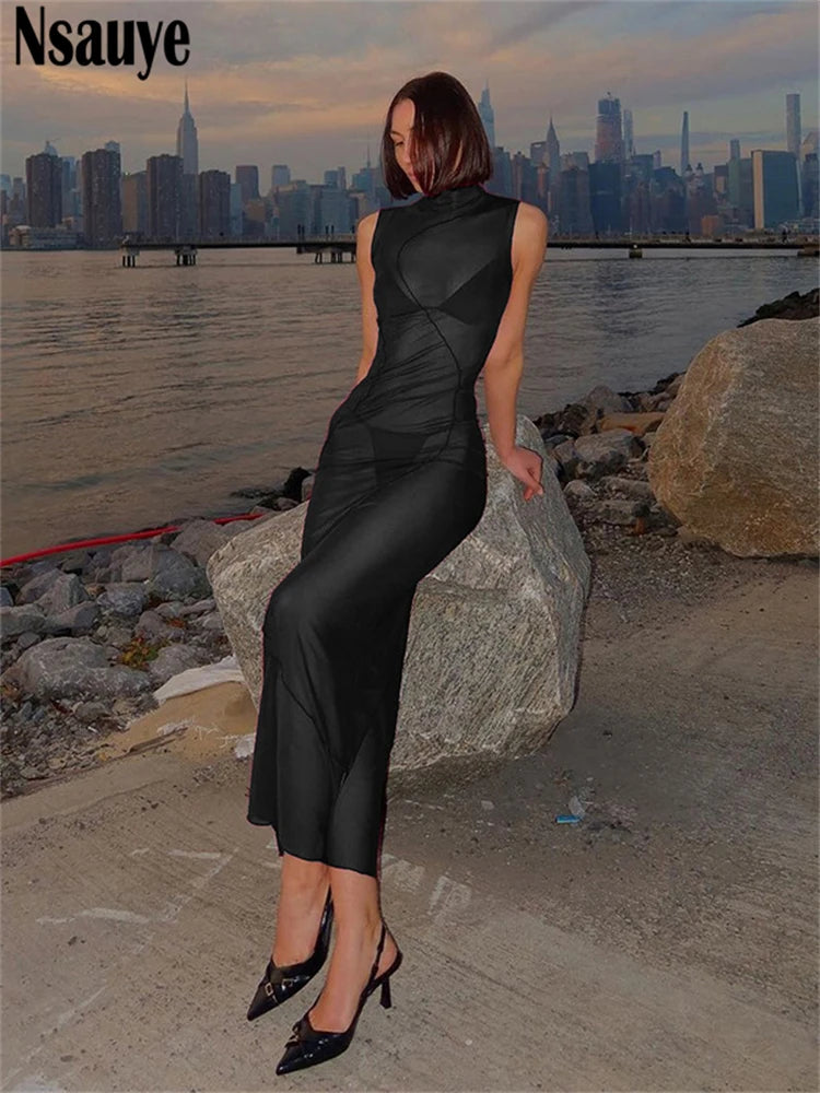 Nsauye Women Summer Pullover Chic Vintage Mesh Long Sexy Club Dress Night Fashion Evening Party Elegant See Through Dress 2025