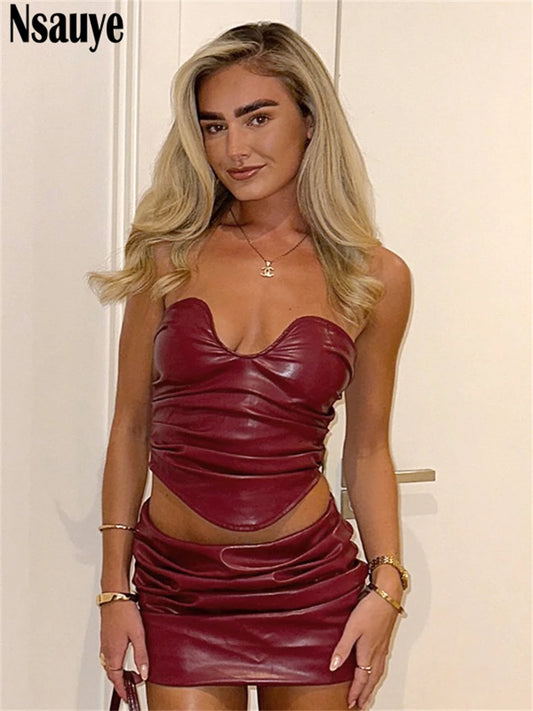 Nsauye Women High Streetwear Fashion Y2K Leather Corset Crop Tops 2025 Summer Sexy Club Mini High Waisted Skirt Two Piece Set