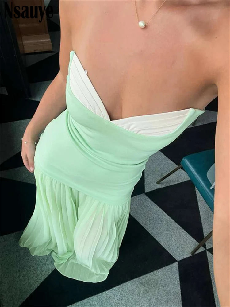 Nsauye Sexy Women Strapless Fashion Elegant Corset Pleated Dress Long Evening Party Ladies Maxi Night Club Dress Summer 2025