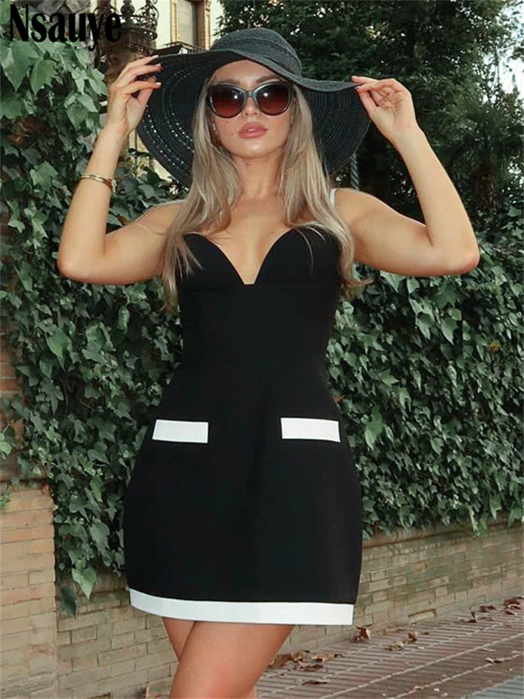 Nsauye 2024 Sleeveless Women Sexy Mini Bodycon Elegant Dress Holiday Backless Evening Party Clubwear Summer Dress V Neck 2024