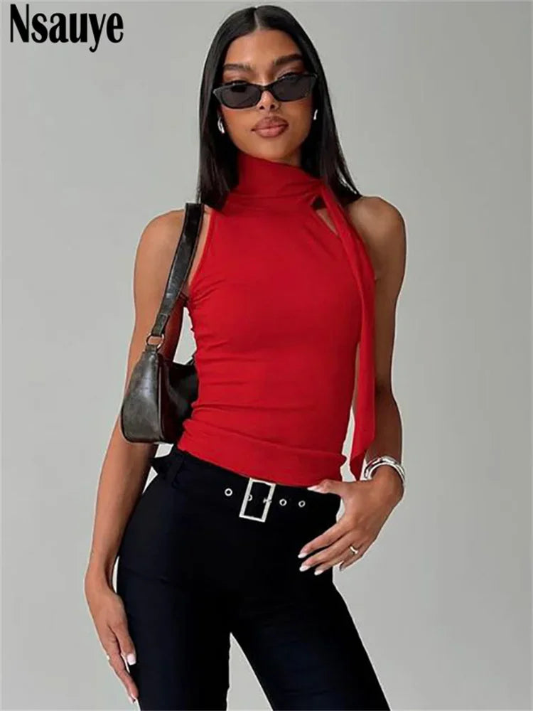 Nsauye Casual Women Sleeveless Slim Y2K Sexy Clubwear Fashion Crop Tops Halter Vest Streetwear Mini Basic Tank Tops Summer 2025