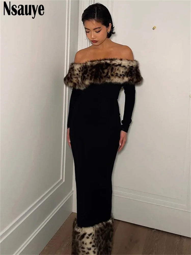 Nsauye Women Clothing Outfits Sexy Club Evening Party Fashion Off Shoulder Leopard Print Wrap Dress Elegant Long Sleeve 2024