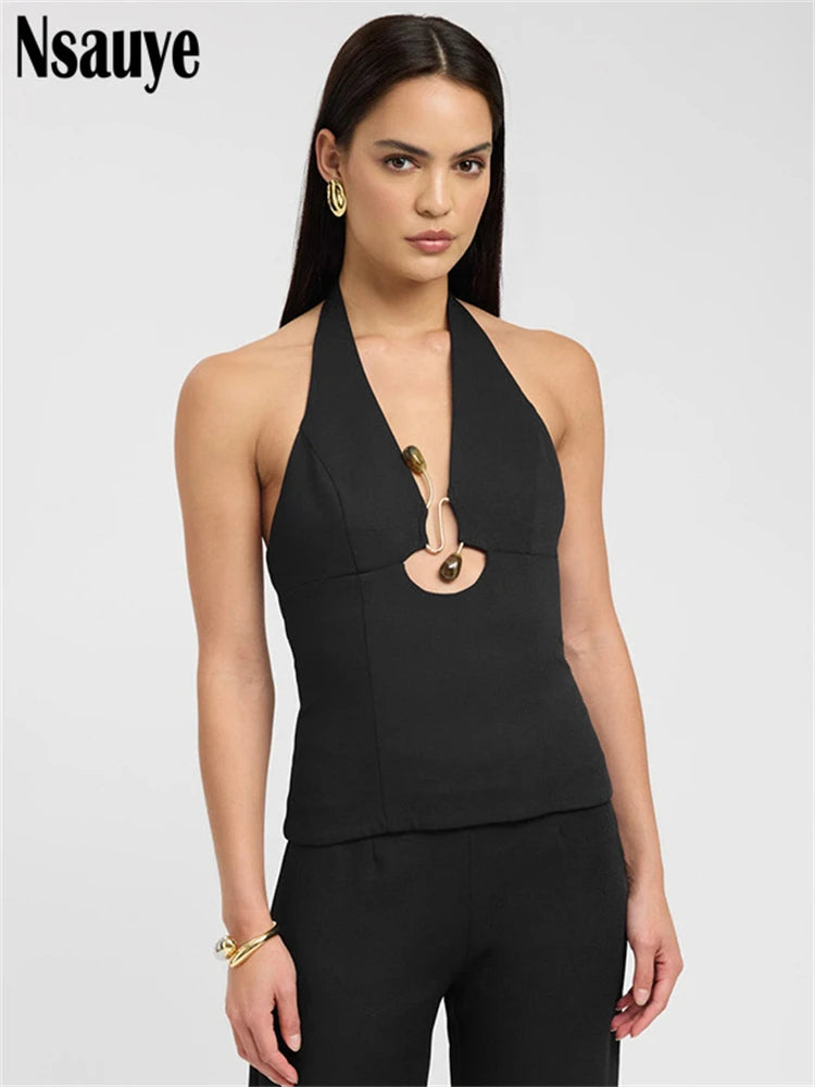 Nsauye Women Off Shoulder Halter Low Cut Tank Tops Office Ladies Elegant Summer Y2K Club Sleeveless Backless Crop Top Streetwear