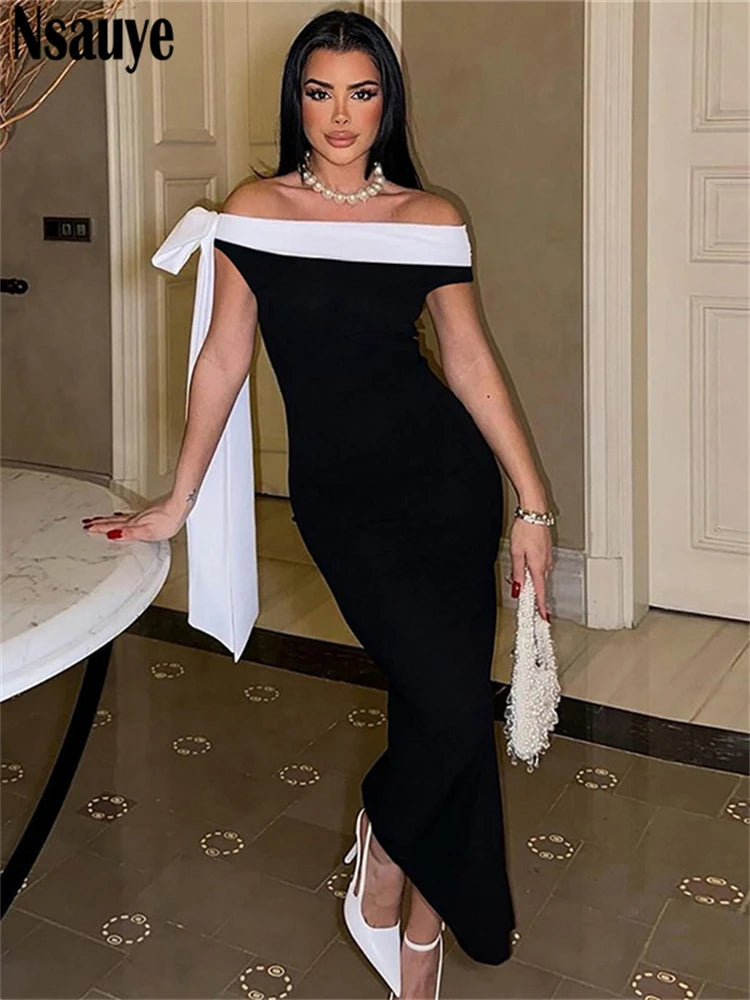 Nsauye Dress 2025 Women Party Elegant Long Sexy Night Club New Fashion Off Shoulder Lace Up Bodycon Summer Party Dress Clothes