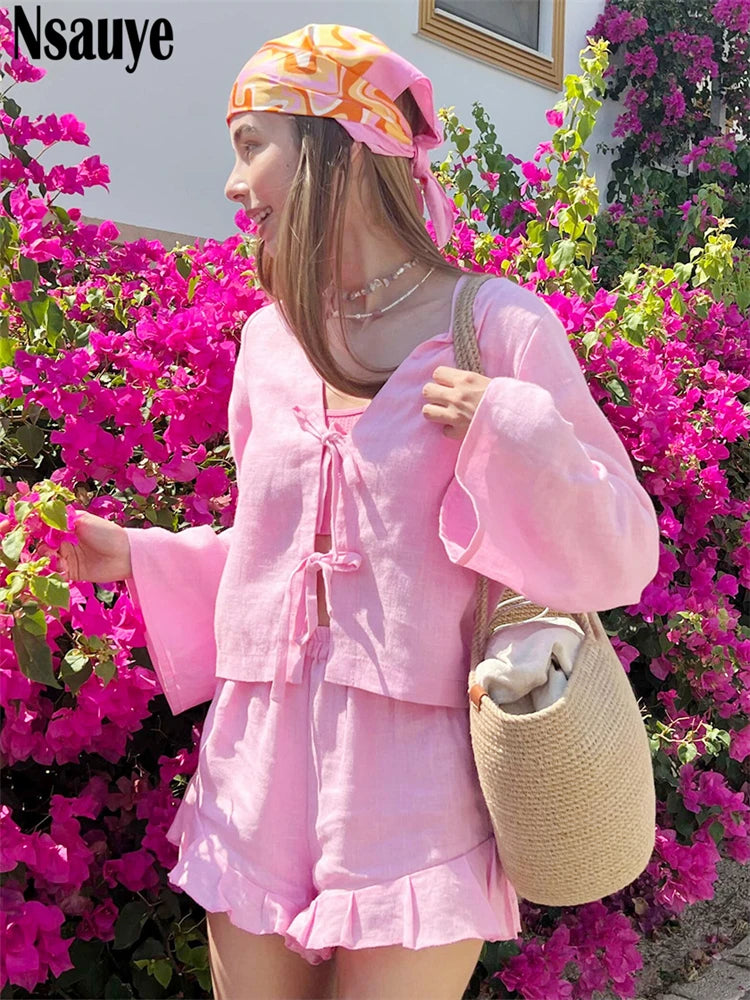 Nsauye Summer 2025 Casual Shorts Women Tracksuit Shorts Two Piece Set Outfits Sexy Strap Cardigans Tops Mini Beach Sexy Shorts