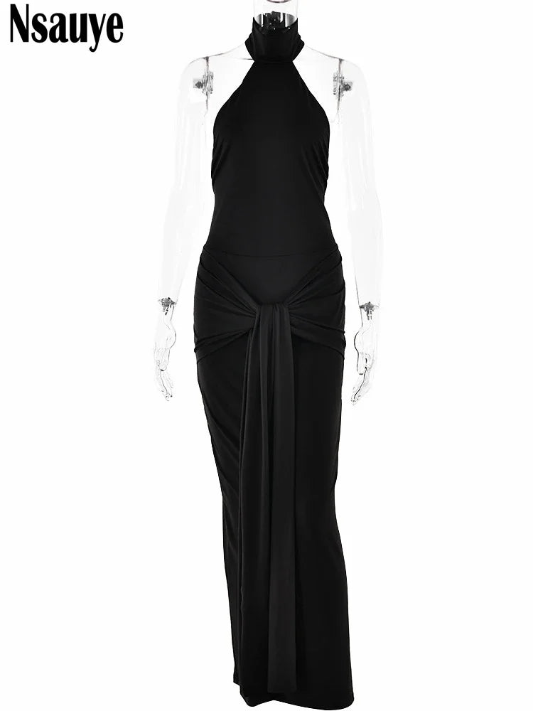 Nsauye Vintage Women Clothes Club 2024 Halter Sexy Bodycon Party Dress Long Backless New Fashion Evening Elegant Dress Summer