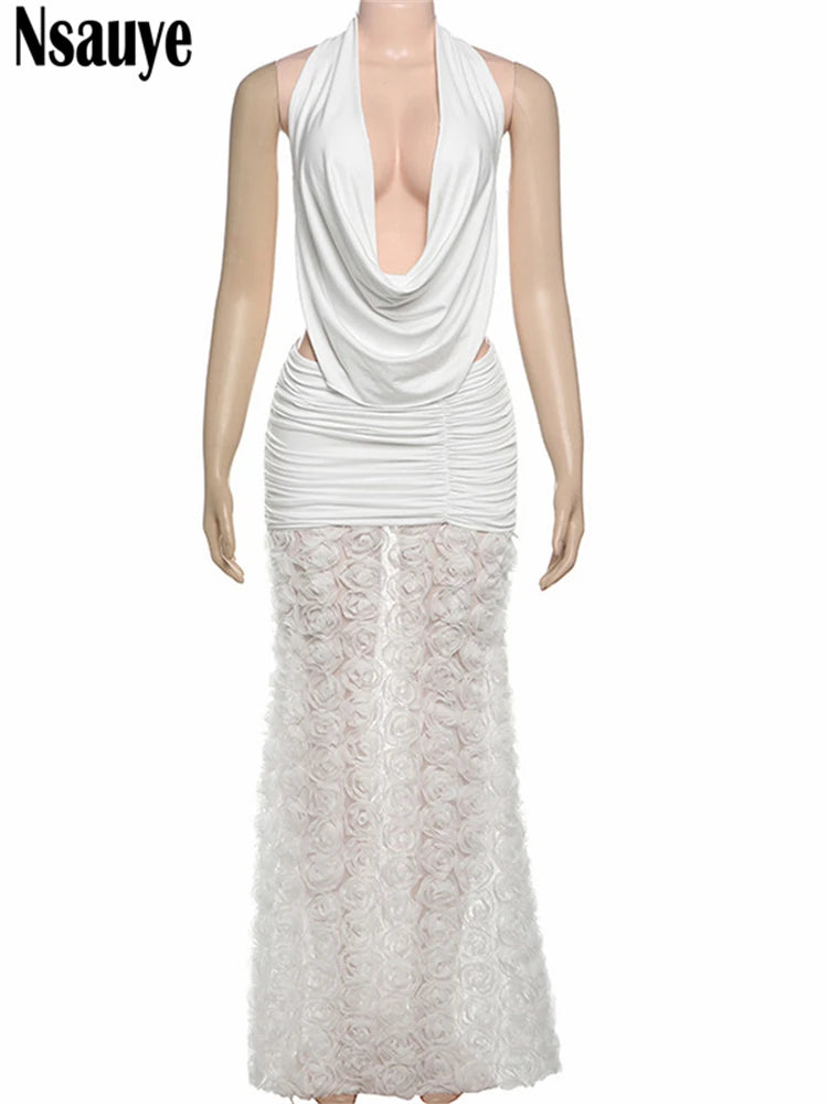 Nsauye Pullover Women Halter Low Cut Out Fashion Elegant New Sexy Dress Night Club Evening Party Long Flowers White Summer Dress