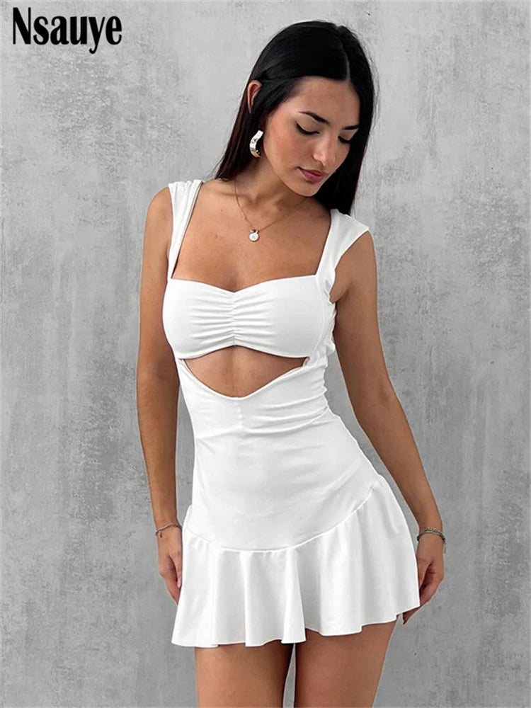 Nsauye 2025 Spring New Strap Sleeveless Hollow Out Bandage Backless A-Line Dress Club Party Women Elegant Sexy Dresses Vestidos