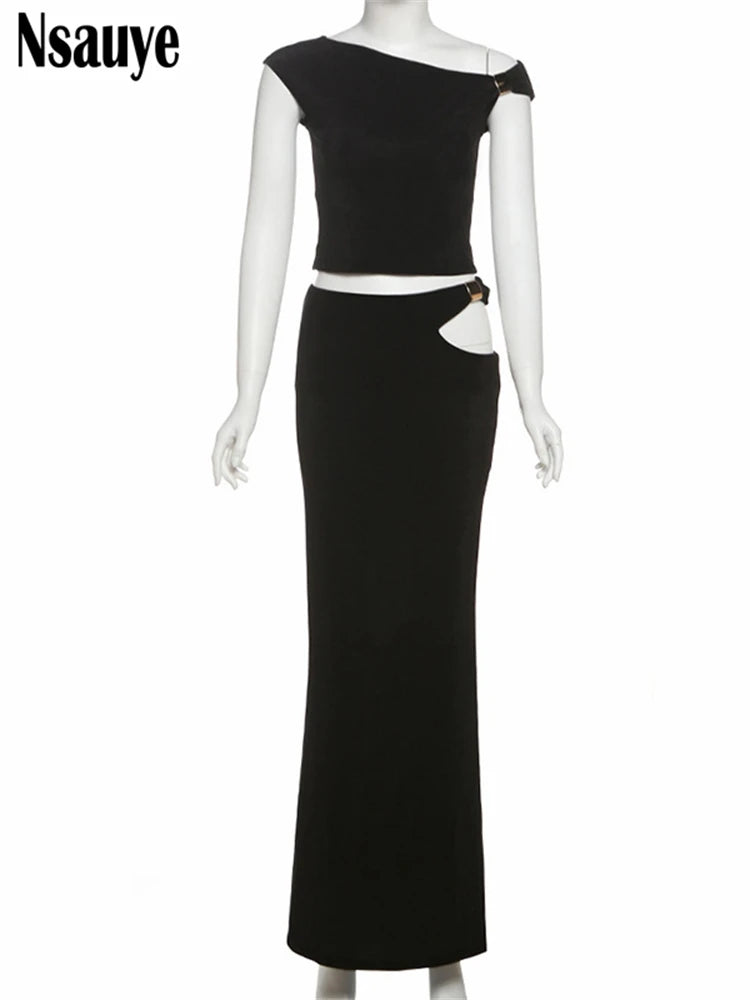 Nsauye New In Matching Sets Black Women Sleeveless Crop Tops+High Waist Long Skirt Suit 2 Piece Set Sexy Party Outfits 2025