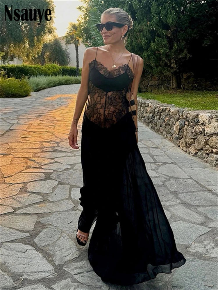 Nsauye 2025 Summer New Sexy Lace See Through Hollow Out Black Long Dresses Night Club Women Party Evening Sleeveless Maxi Dress