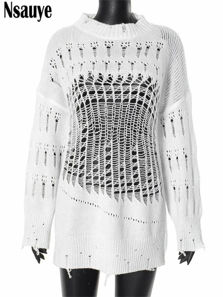 Nsauye Pullover Sexy Long Sleeve Women Night Club Knitted Fashion Y2K Party Evening Dress 2024 White Winter Casual Holiday Dress