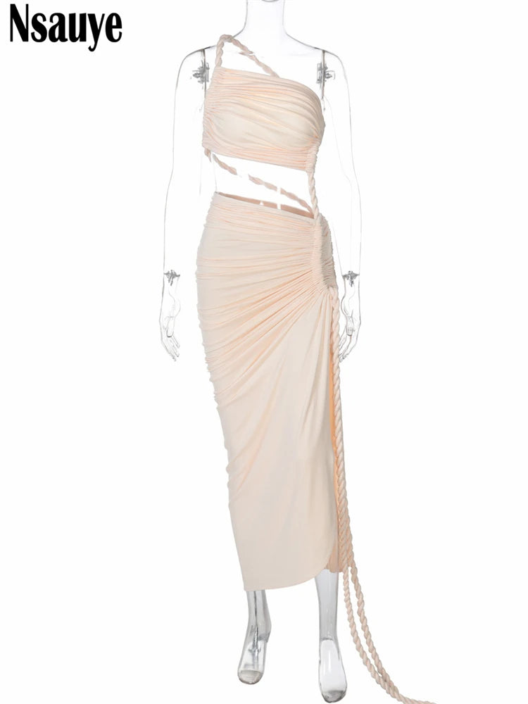 Nsauye New Fashion Women One Shoulder Sexy Ruched Low Cut Out Long Evening Dress 2025 Green Summer Party Club Dress High Split