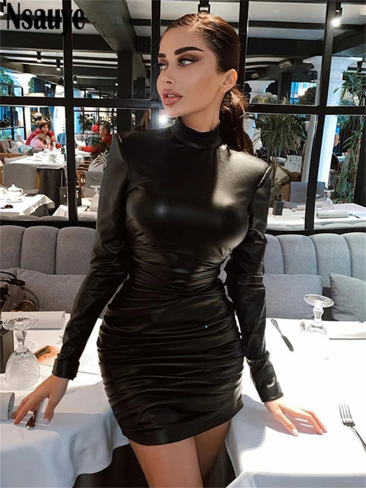 Nsauye Female Long Sleeve Chic Sexy Evening Night Club Black Party Dress Holiday Outfits 2024 Bodycon Short Fashion Ruched Dress