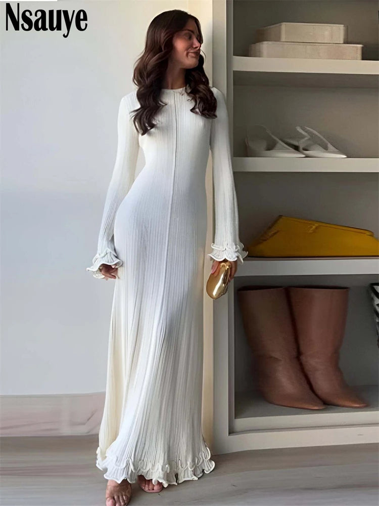 Nsauye 2025 Summer Knitted Ruffles Long Sleeve Slim Long Dresses For Women Clothing Holiday Beach Party Evening Sexy Maxi Dress
