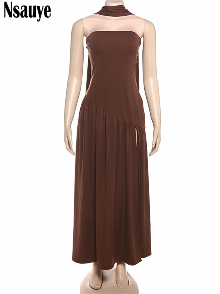 Nsauye Strapless Women Long Elegant Sexy High Split Halter Fashion Evening Dress Party Night Club Summer Off Shoulder Dress 2025
