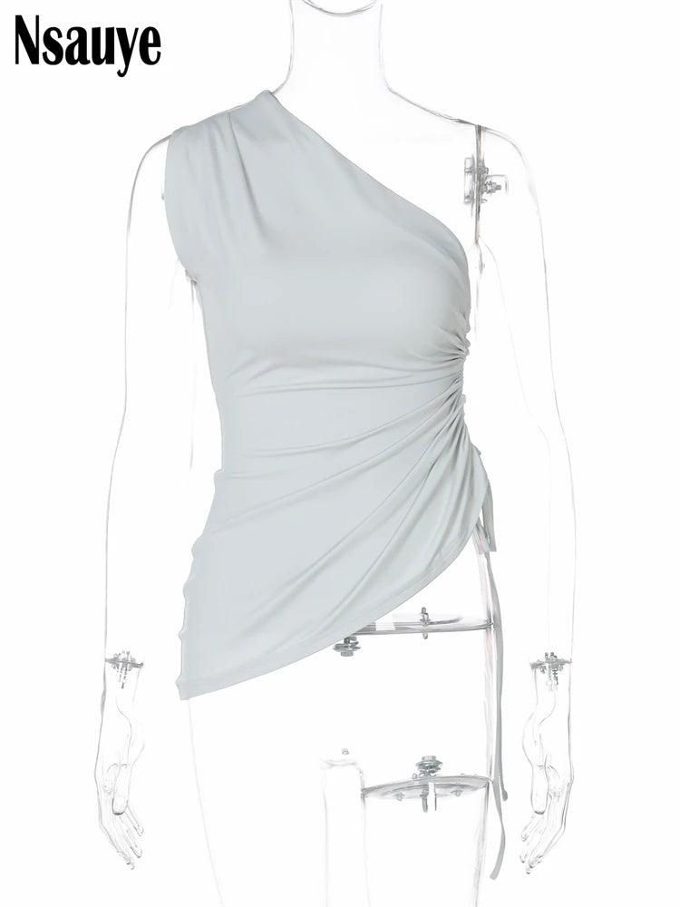 Nsauye Women Irregular Drawstring Corset Crop Top Streetwear Fashion Sexy Y2K Skinny Sleeveless One Shoulder Tank Tops 2025