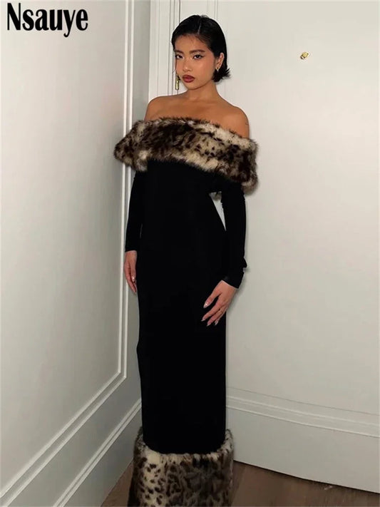 Nsauye Women Clothing Outfits Sexy Club Evening Party Fashion Off Shoulder Leopard Print Wrap Dress Elegant Long Sleeve 2024