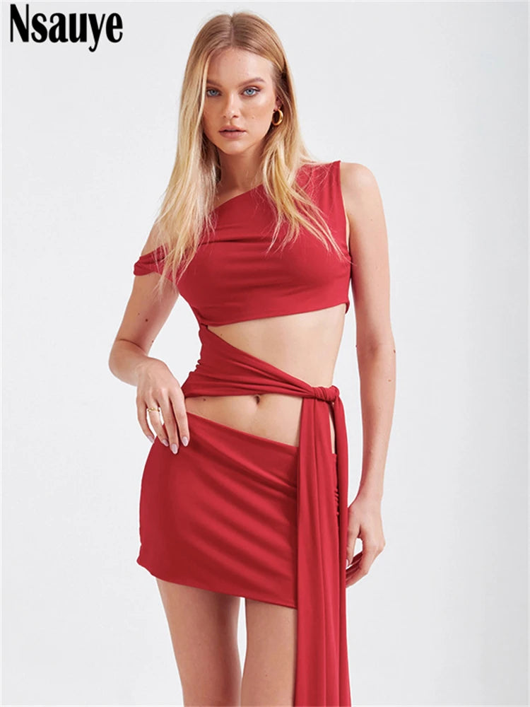 Nsauye Women Short Dress Bandage Wrap Hollow Out Sexy Mini Elegant New Fashion Evening Party Night Club Black Summer Dress 2025