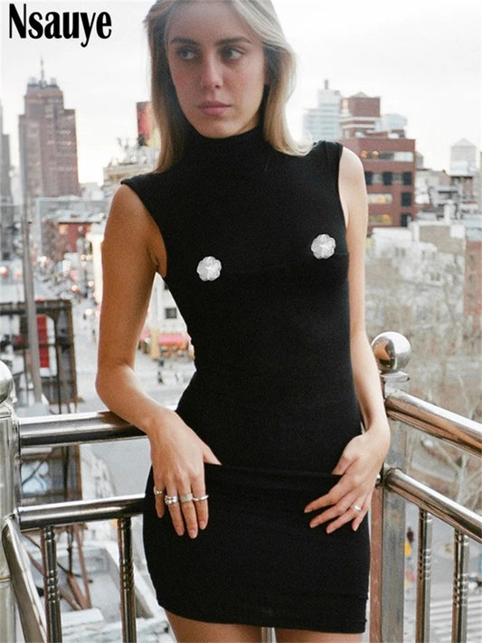 Nsauye Women Sexy Pullover Turtleneck Black Night Club Party Evening Short Dress Summer Basic Casual 2025 Elegant Fashion Dress