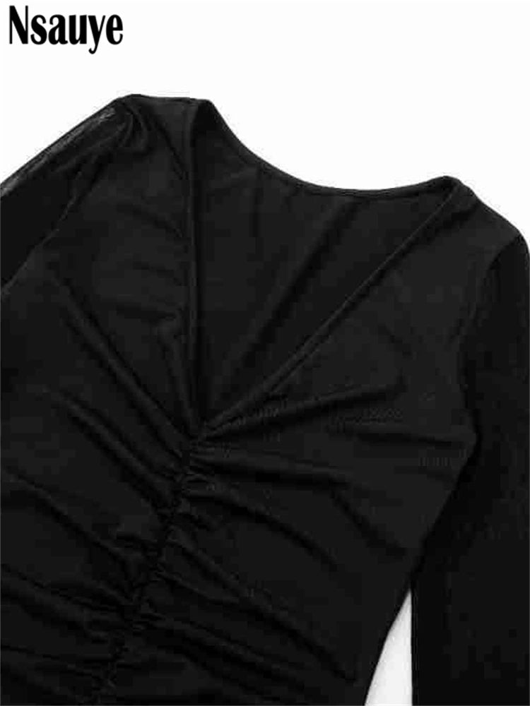 Nsauye 2025 Spring Summer Long Flare Sleeve V Neck Ruched Mini Bodycon Dress Black Party Evening Sexy Elegant Mesh Dresses Club