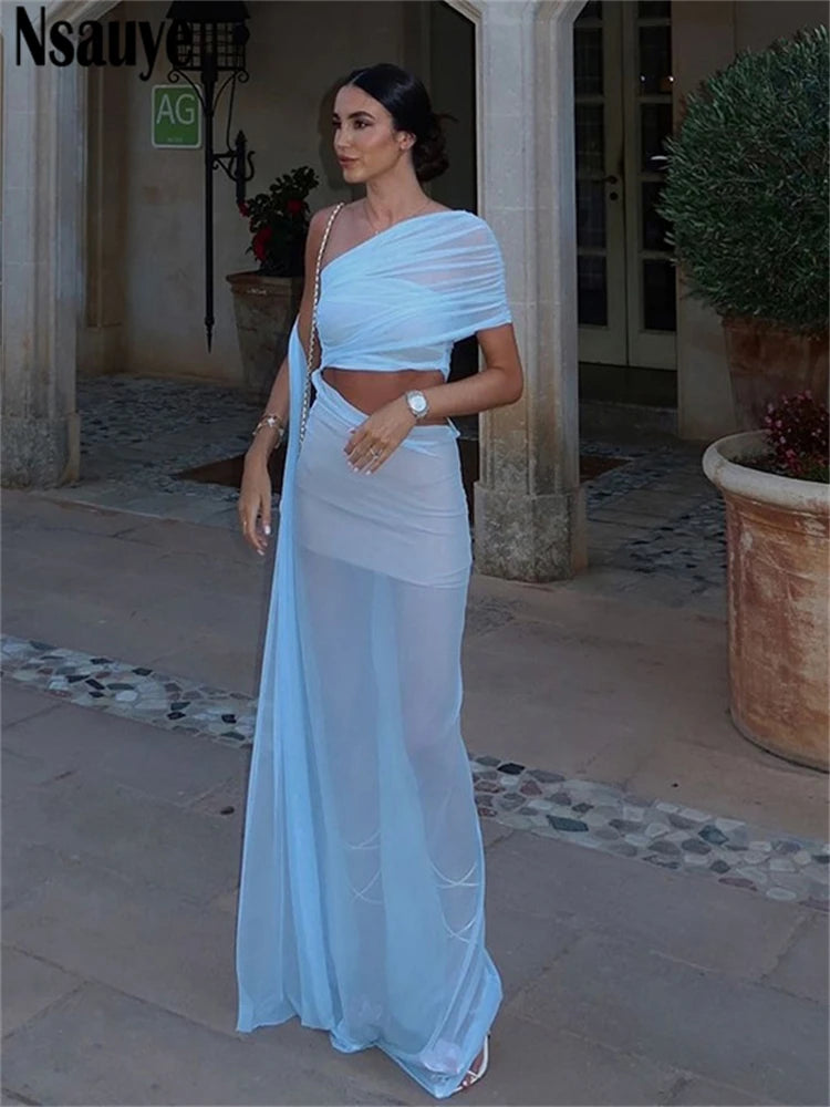 Nsauye Women Sexy Evening Holiday Party Night Club Long Mesh See Through Dress Maxi Bodycon Wrap New Fashion Elegant Dress 2025