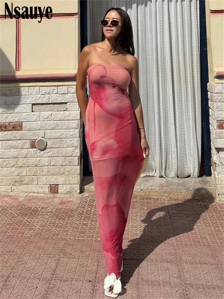 Nsauye Sexy Strapless Print Long Dress Women Strapless Print Off Shoulder Stretch Mesh Maxi Sundress Summer 2025 Beach Party Y2K