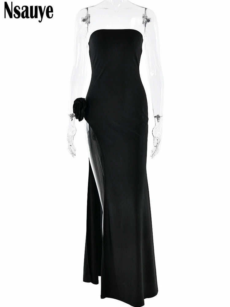 Nsauye Women Long High Split New Fashion Elegant Sexy Dress Evening Night Club Party Maxi Bodycon Summer Strapless Dress 2024