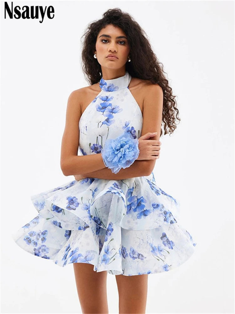 Nsauye New Spring Fashion Summer Elegant Party Short Dress For Women Sexy Flowers Halter Evening Night Club A-Line Dress 2025