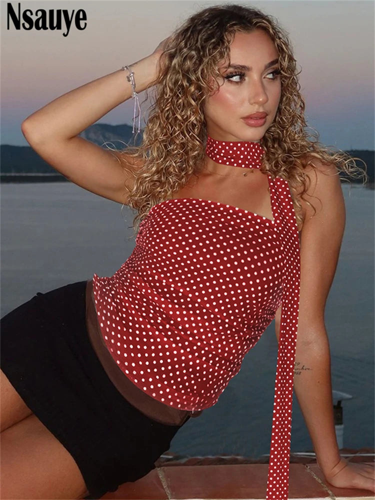Nsauye Summer Women Fashion Clothes Mini Skinny Halter Off Shoulder Sexy Y2K Polka Dot Crop Tops Night Club Streetwear Tank Tops