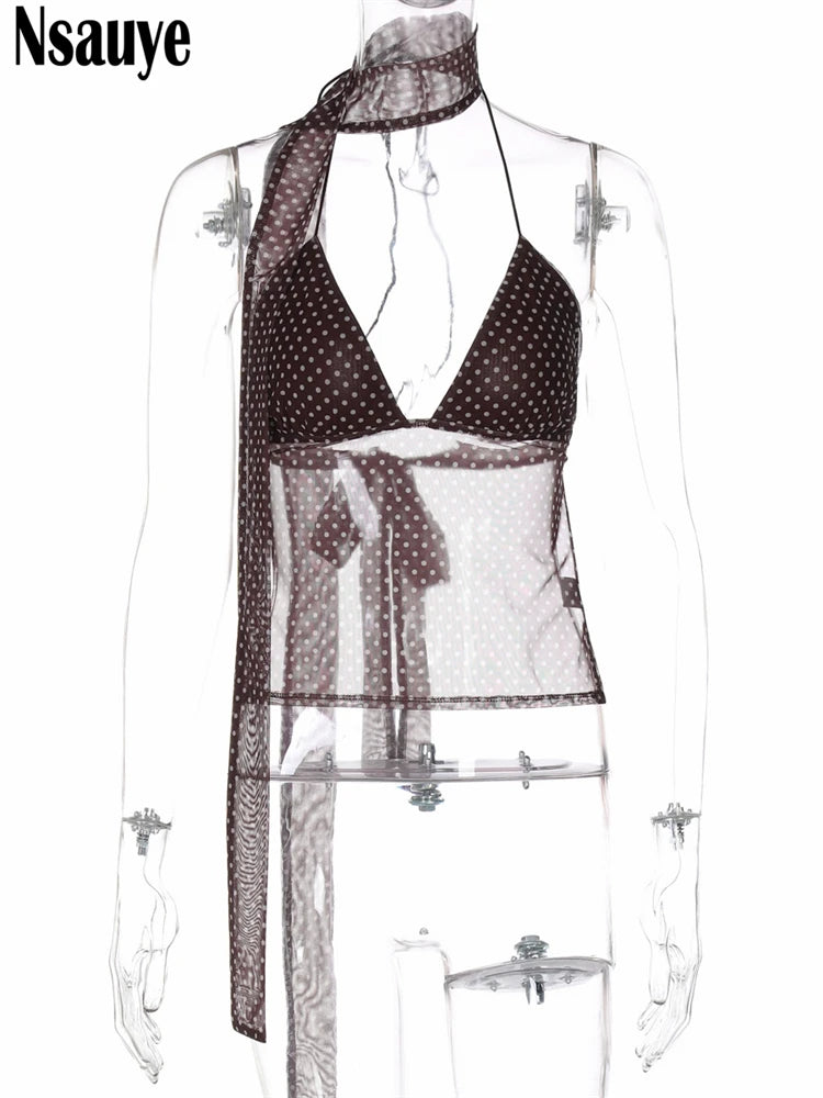 Nsauye Women Casual Halter Clothes Polka Dot Basic Summer Mesh Tank Tops Low Cut Out Fashion Club Sexy Backless Y2K Crop Tops
