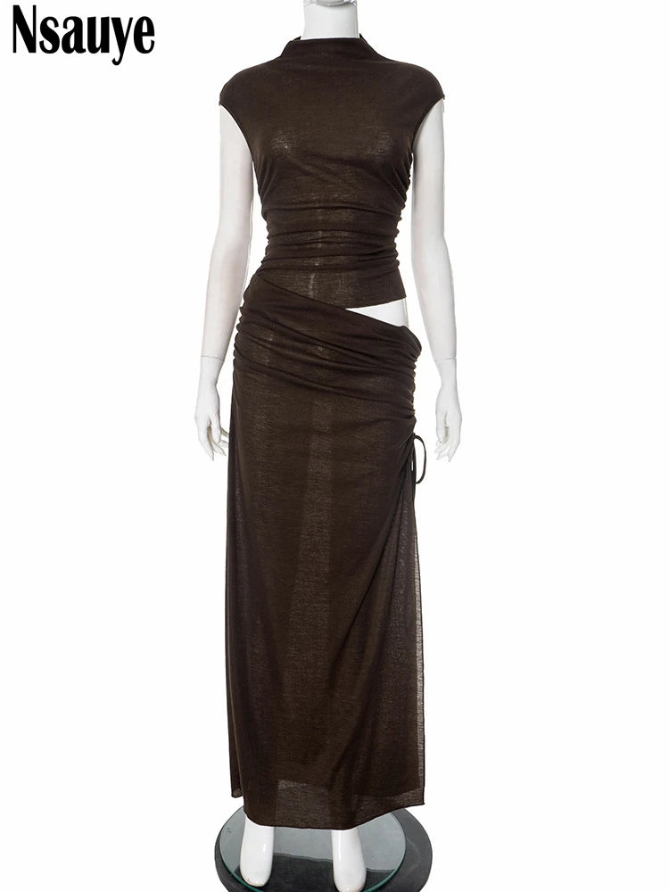 Nsauye Pullover Women Casual Basic O Neck Fashion Elegant Wrap Dress Long Sexy Hollow Out Evening Party Night Club Dress 2025