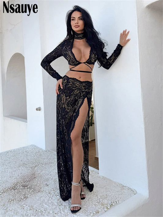 Nsauye Sexy Women Halter Club Low Cut Out Long Sleeve Tops Long Fashion High Split Party Skirt New In Matching Two Piece Set