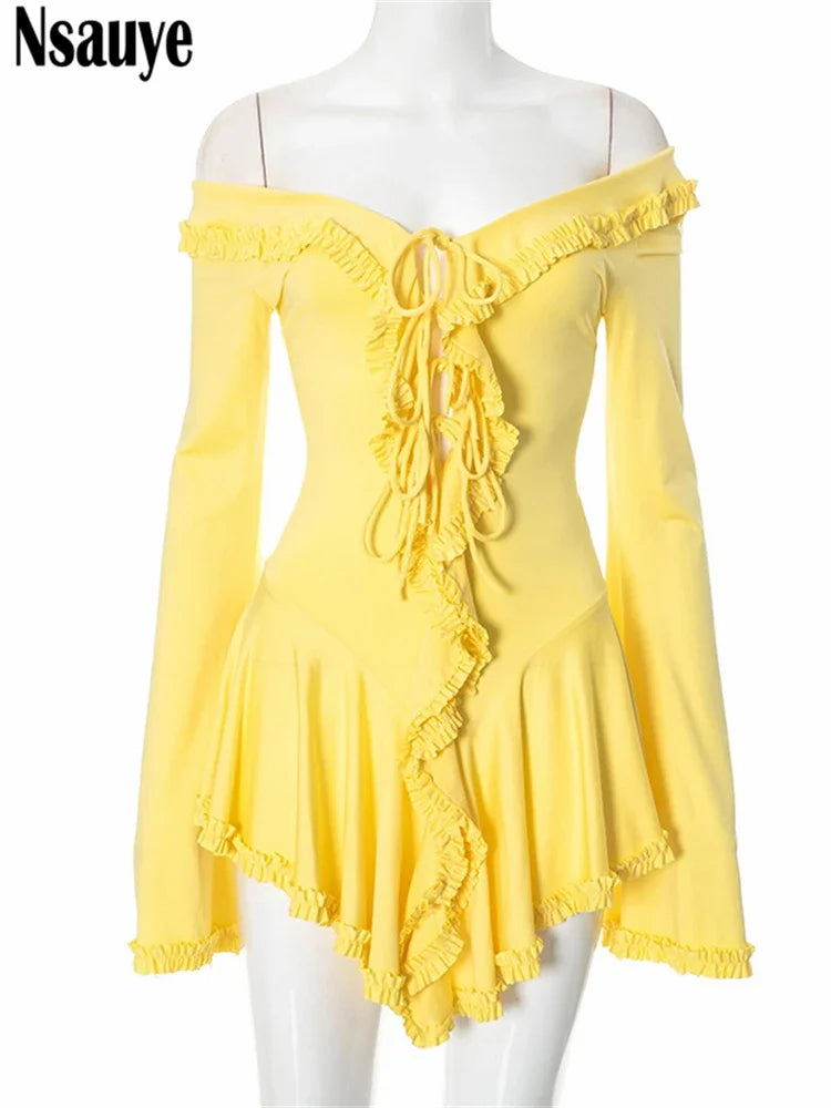 Nsauye Women Sexy Mini Ruffles Fashion Elegant Evening Party Dress Night Club Long Sleeve Bandage Casual Beach A-Line Dress 2024