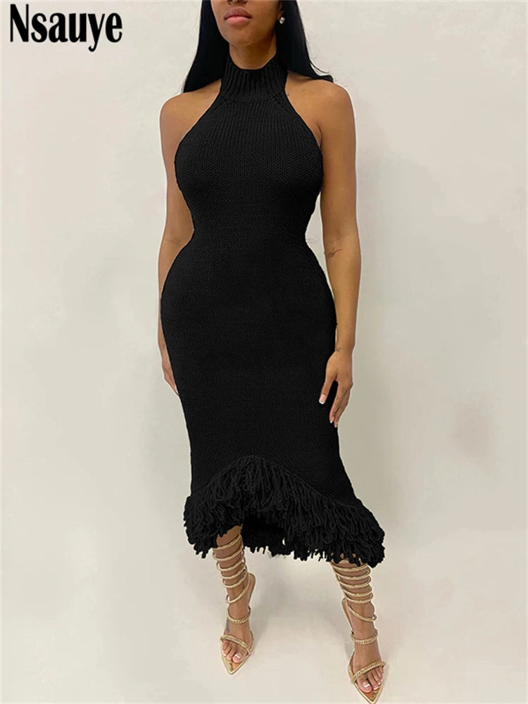 Nsauye Women Sexy Bodycon Knitted Halter Off Shoulder Night Club Dress Long Beach Evening Party Elegant Fashion Dress 2025
