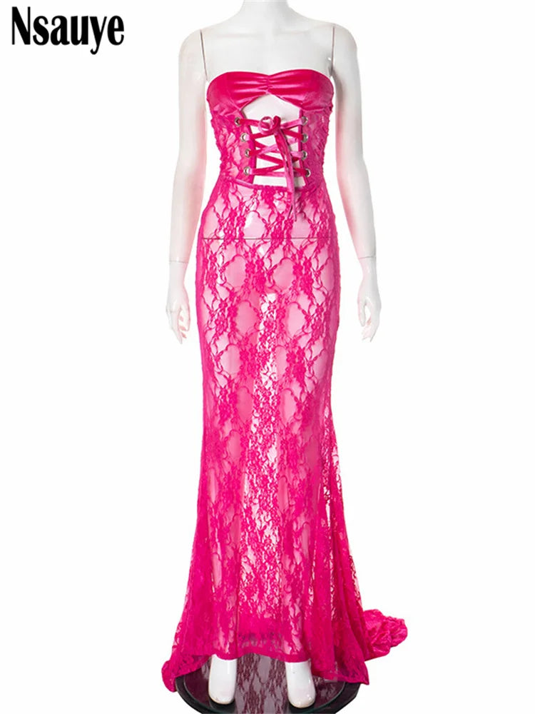 Nsauye Sexy Women Lace Up Fashion Hollow Out Elegant Corset Dress 2024 Winter Sleeveless Tube Maxi Long Club Party Holiday Dress