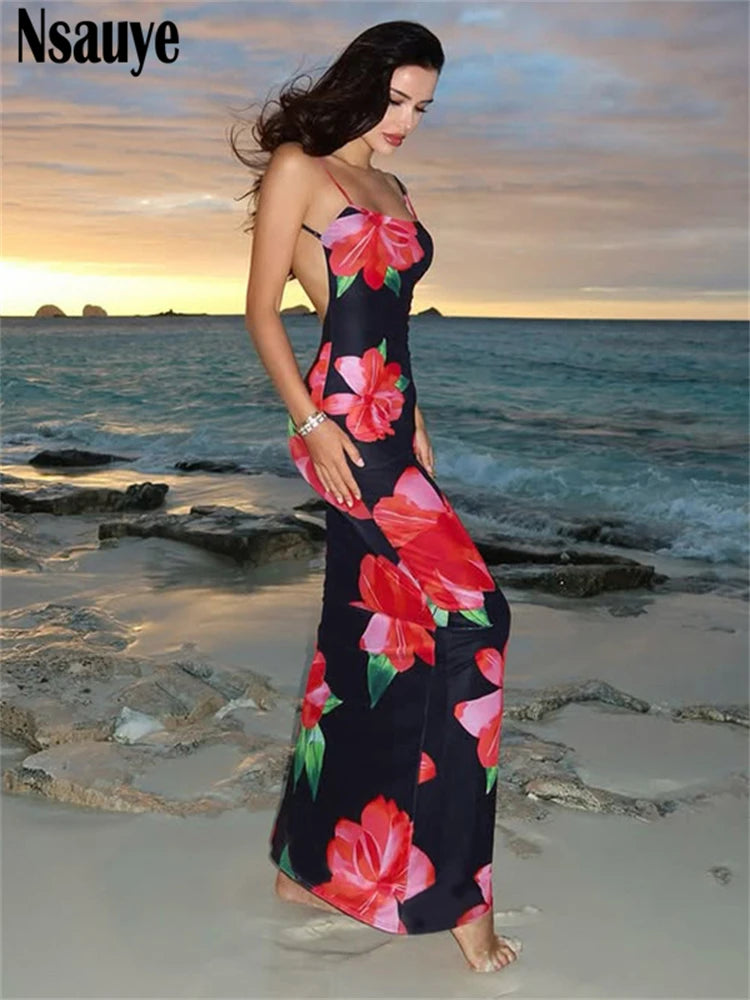 Nsauye 2025 Summer New Backless Sexy Sleeveless Spaghetti Strap Long Bodycon Dress Beach Party Club Floral Print Women Dress