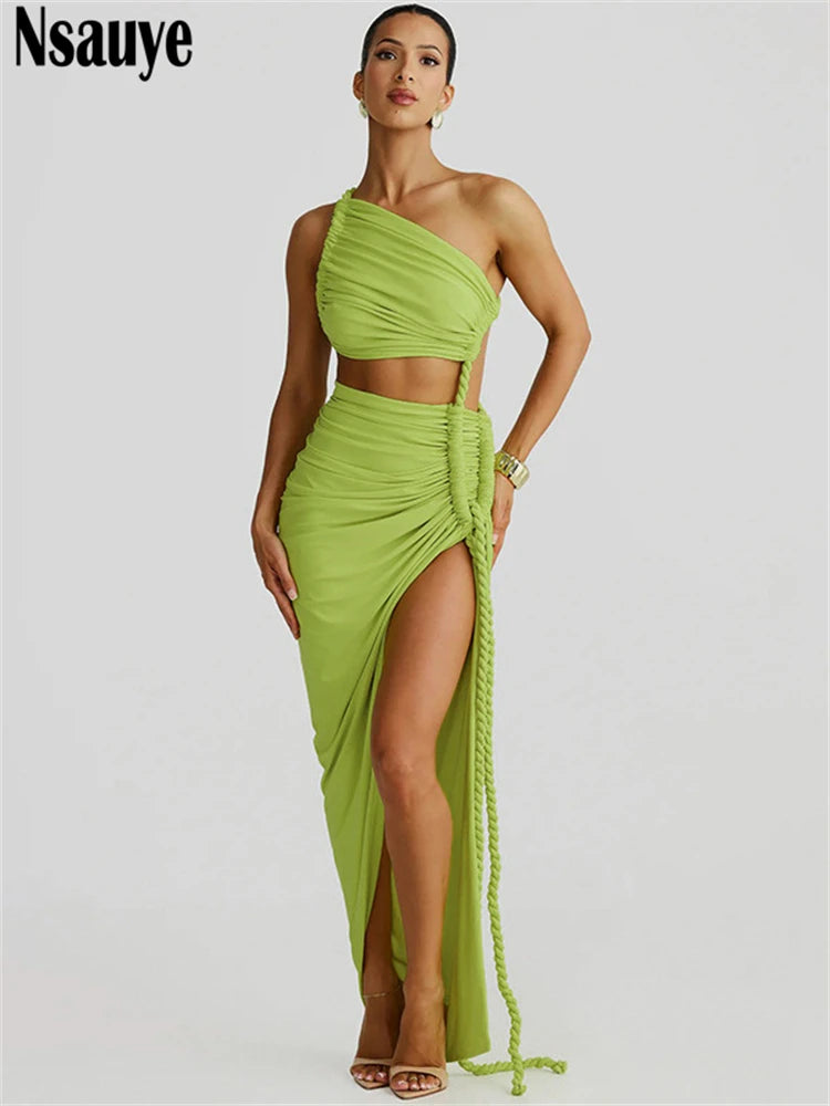 Nsauye New Fashion Women One Shoulder Sexy Ruched Low Cut Out Long Evening Dress 2025 Green Summer Party Club Dress High Split
