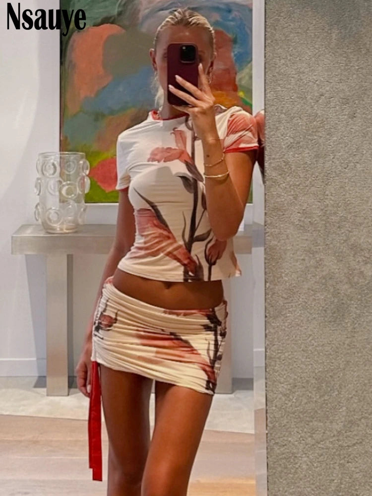 Nsauye Casual Women Short Sleeve Fashion Y2K Basic Floral Print Mini Sexy Club High Waisted Skirt Two Piece Set Outfits Summer