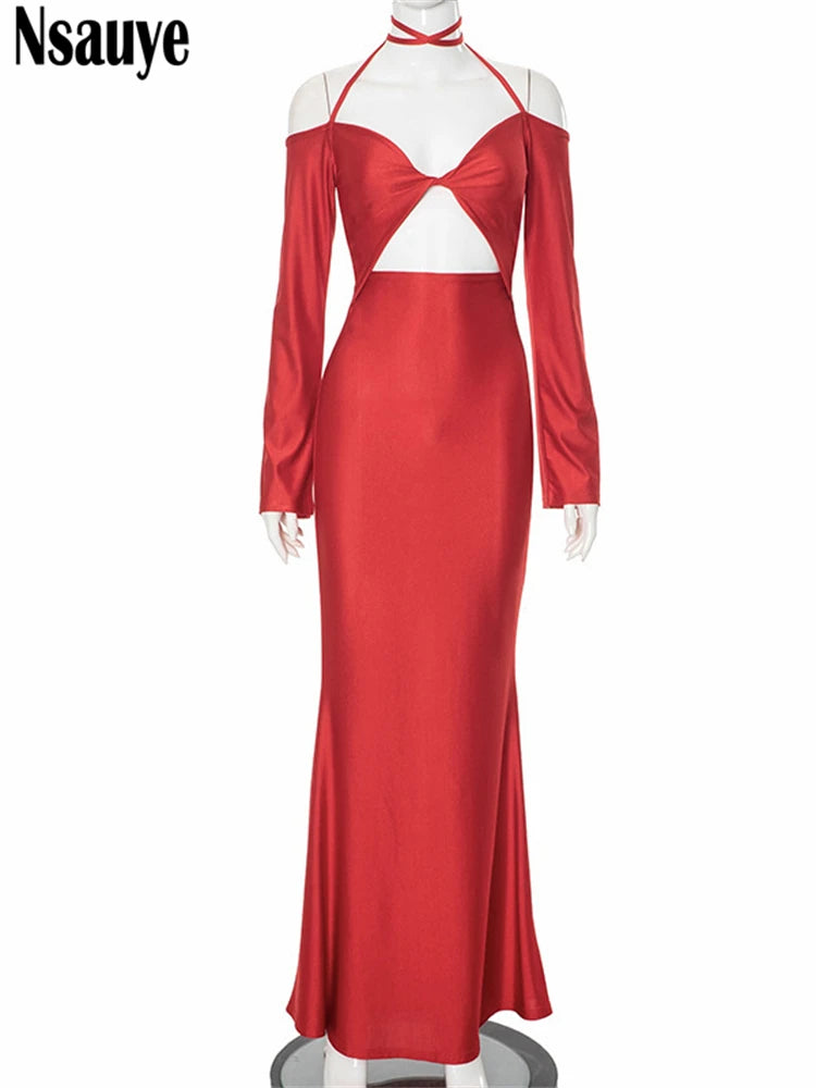 Nsauye Women Dress Autumn Long Sleeve Sexy Evening Birthday Party Night Club Chic Fashion Hollow Out Halter Holiday Dress 2024