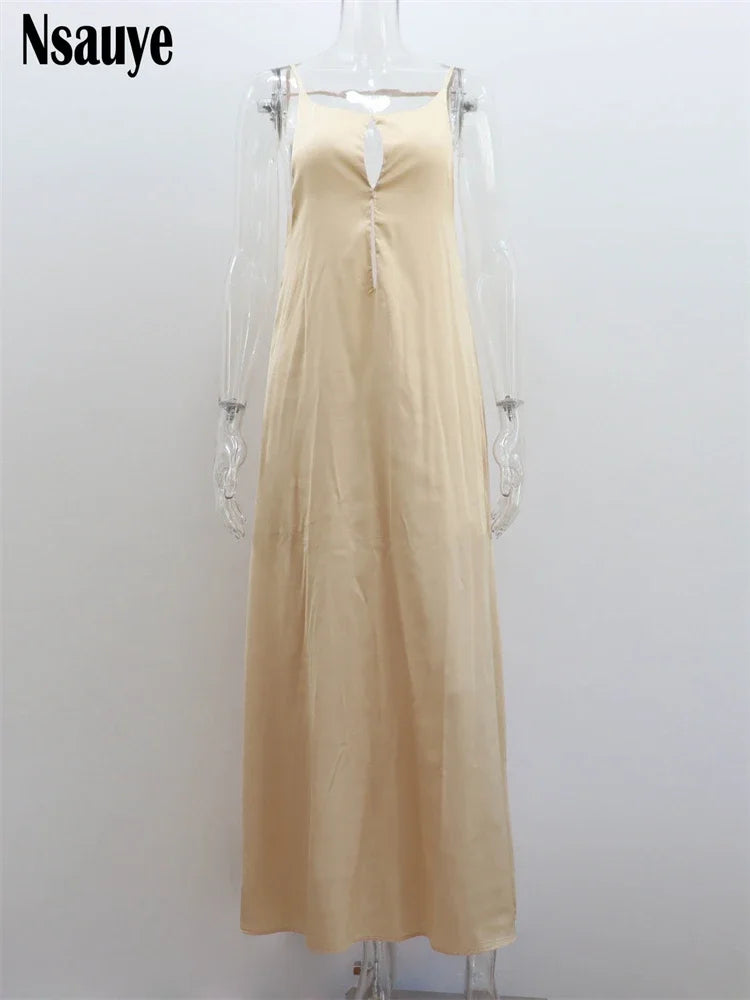 Nsauye Autumn Summer Satin Spaghetti Strap Sexy Backless Long Dresses Women Evening Party Club Elegant Sleeveless Night Sundress