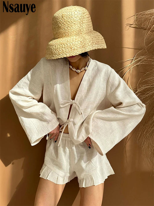 Nsauye Summer 2025 Casual Shorts Women Tracksuit Shorts Two Piece Set Outfits Sexy Strap Cardigans Tops Mini Beach Sexy Shorts