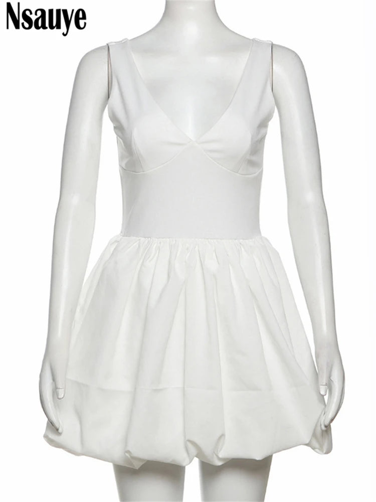 Nsauye Elegant Women Sleeveless V Neck Slim Mini Ball Gown Dress White Club Party Evening Birthday Fashion Formal Summer Dresses