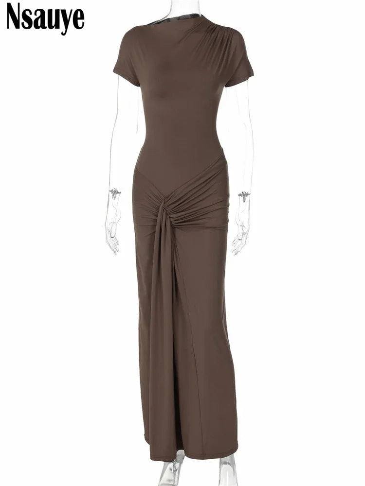 Nsauye Pullover Short Sleeve Women Long Low Waisted Fashion Casual Dress Lace Up Summer 2024 Sexy Party Club Holiday Dress Maxi