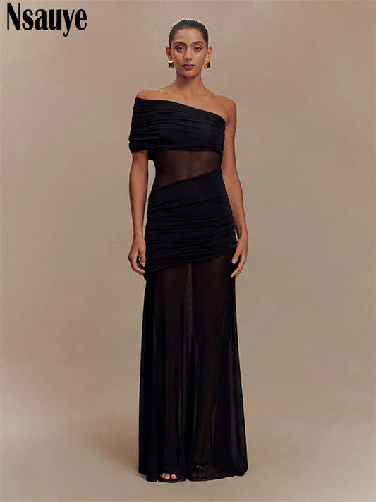 Nsauye Sexy Women Long Fashion Evening Party Night Club Mesh Bodycon Dress Ladies Outfits High Waist Summer Dress Elegant 2025