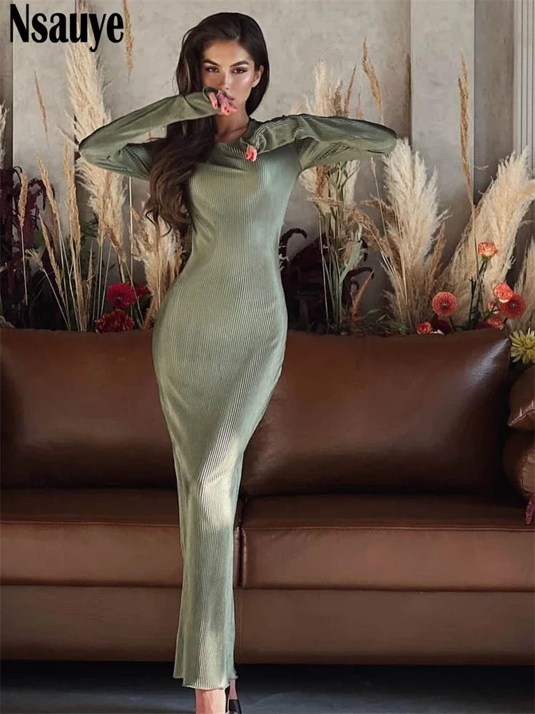 Nsauye Fashion Chic Casual Long Sleeve Wrap Pleated Winter Dress Women 2023 Outfits Basic Sexy Evening Holiday Party Club Dress