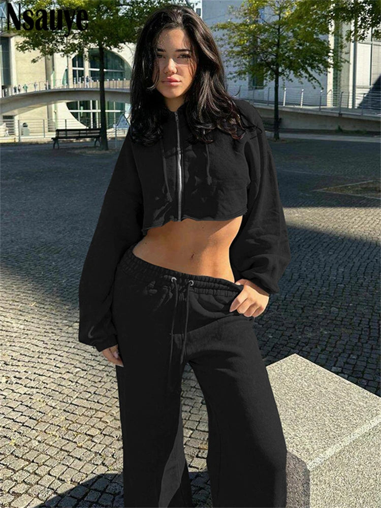 Nsauye Women Casual Tracksuit Y2K Long Sleeve Mini Sweatshirt Cardigans Hoodies Tops Fashion Winter Pants Two Piece Set 2024